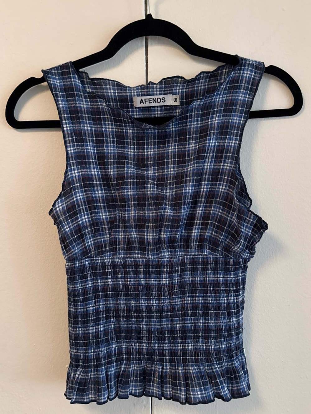 Afends Blue Plaid Smocked Tank Top